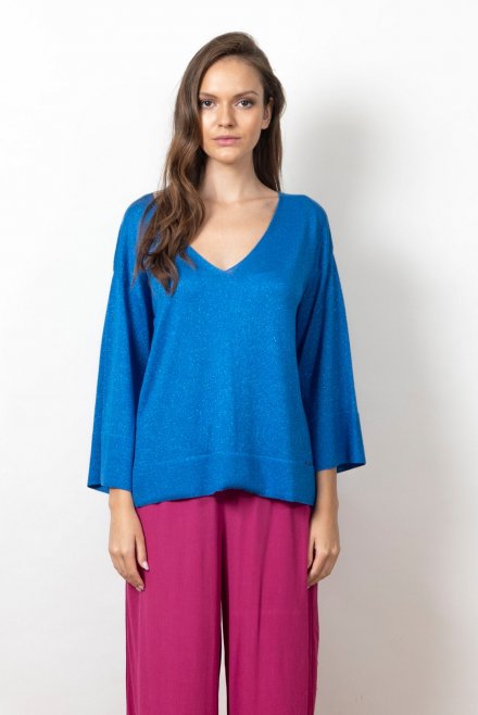 Lurex v-neck blouse atlantic blue