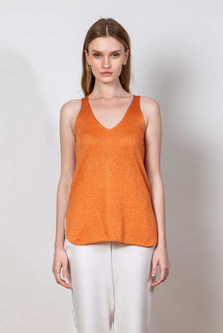 Lurex v-neck sleevless basic top orange