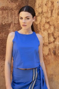 Poplin basic cropped top with knitted details royal blue
