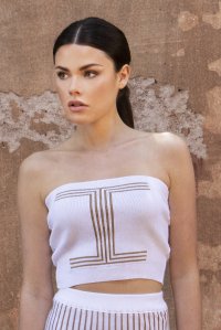 Cotton-lurex knitted bandeau top white -tan gold