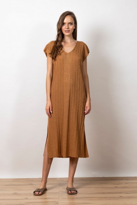 Lurex v-neck midi knitted dress summer camel