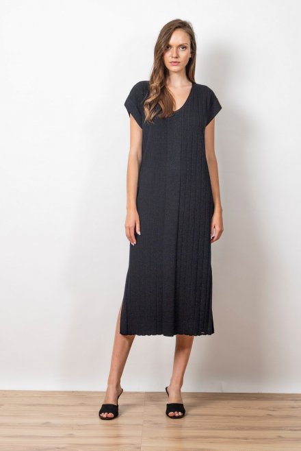 Lurex v-neck midi knitted dress black