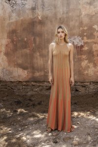 Lurex δίχρωμο μάξι φόρεμα με παρτούς ώμους orange  -tan gold