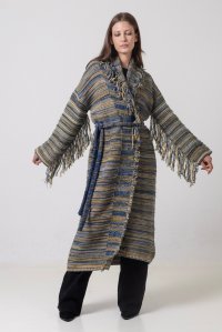 Multicolored fringed long cardigan multicolored bright blue-mint-yellow