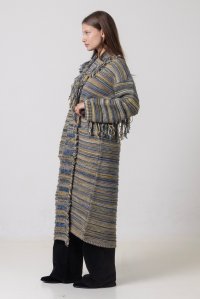 Multicolored fringed long cardigan multicolored bright blue-mint-yellow