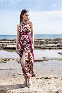 Βισκόζ εμπριμέ μίντι wrap φούστα με πλεκτές λεπτομέριες multicolored fuchsia