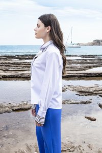 Poplin long sleeved shirt with knitted details white