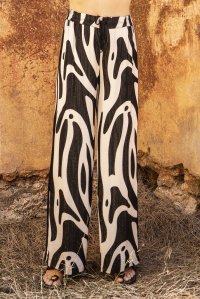 Viscose abstract print wide-leg pants with knitted details black-beige
