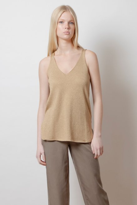 Lurex v-neck sleevless basic top tan gold