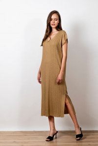 Lurex μίντι πλεκτό φόρεμα με v-λαιμό tan gold