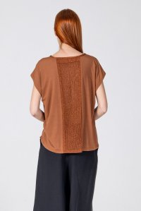 Jersey short sleeved top with knitted details terracotta