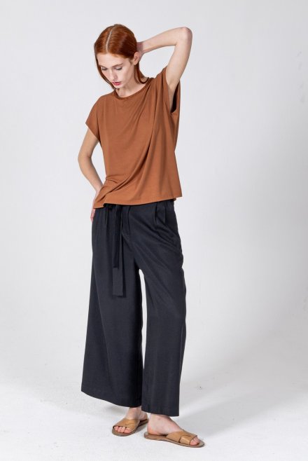 Jersey short sleeved top with knitted details terracotta
