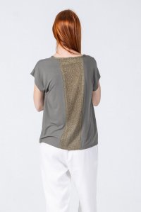 Jersey short sleeved top with knitted details khaki