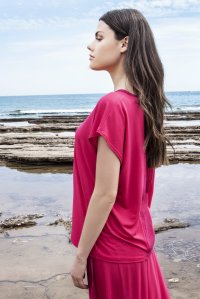 Jersey short sleeved top with knitted details fuchsia
