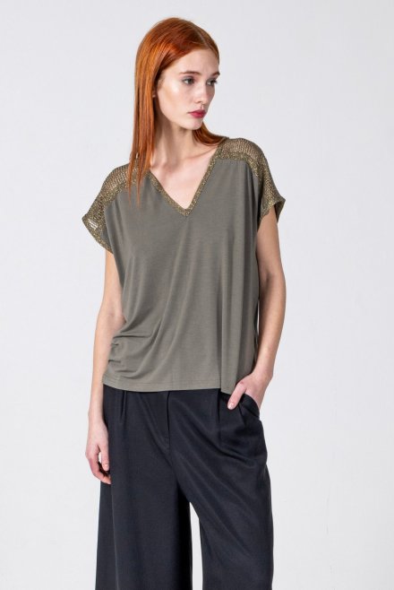 Jersey cap-sleeve v-neck top with knitted details khaki