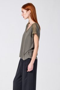 Jersey cap-sleeve v-neck top with knitted details khaki