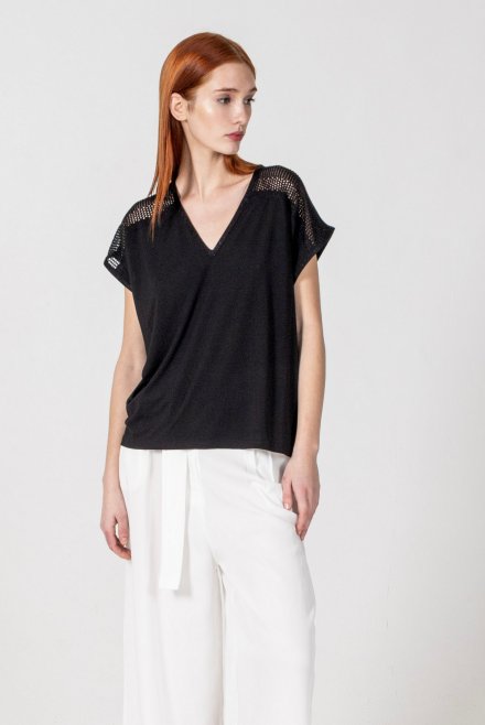 Jersey cap-sleeve v-neck top with knitted details black