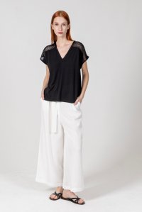 Jersey cap-sleeve v-neck top with knitted details black