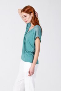 Jersey cap-sleeve v-neck top with knitted details teal