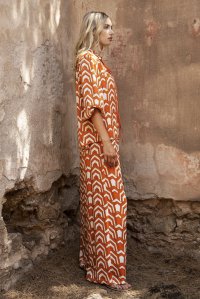 Satin printed blouse with knitted details orange-ivory-gold