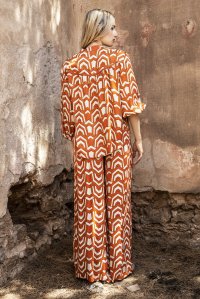 Satin printed blouse with knitted details orange-ivory-gold