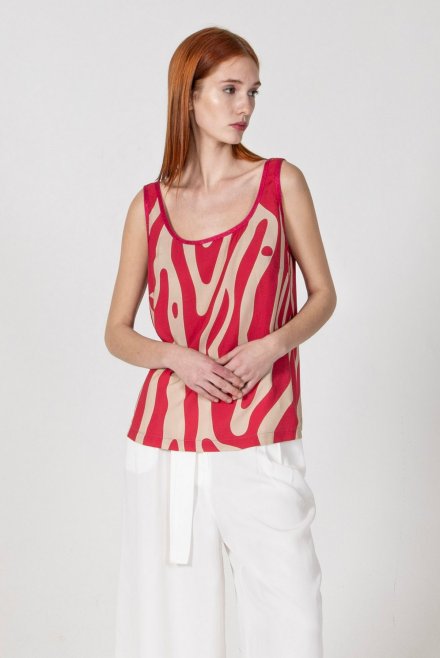Viscose abstract print top with knitted details fuchsia-beige