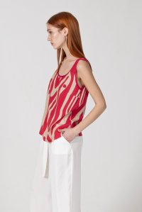 Viscose abstract print top with knitted details fuchsia-beige