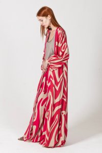 Viscose abstract print kimono with knitted details fuchsia-beige