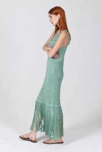 Metallic open-knit fringed maxi dress teal