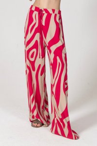 Viscose abstract print wide-leg pants with knitted details fuchsia-beige