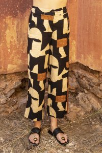 Linen blend printed pants with knitted details black-rust