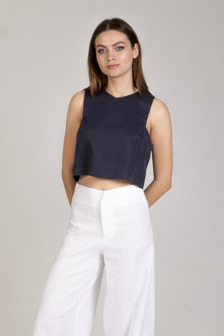 Tencel crop top with knitted details navy