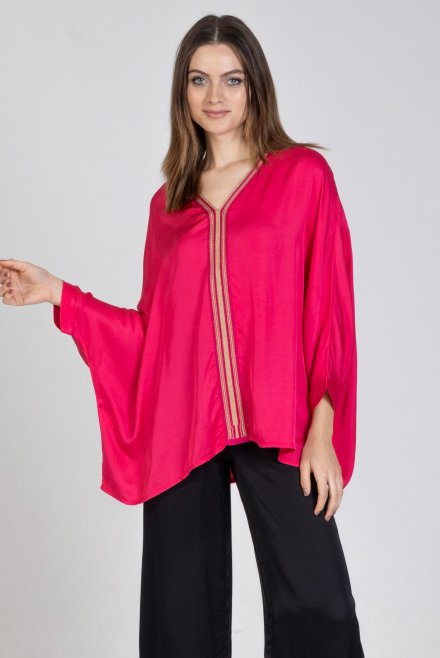 Satin 3/4 sleeved top with knitted details fuchsia