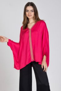 Satin 3/4 sleeved top with knitted details fuchsia