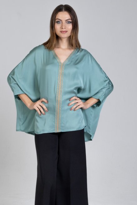 Satin 3/4 sleeved top with knitted details teal