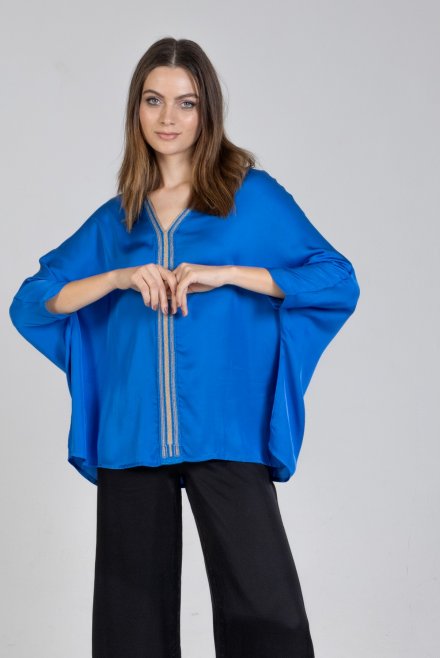 Satin 3/4 sleeved top with knitted details royal blue