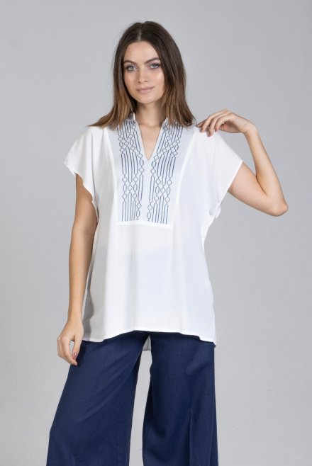 Crepe marocaine short sleeved blouse with knitted details ivory