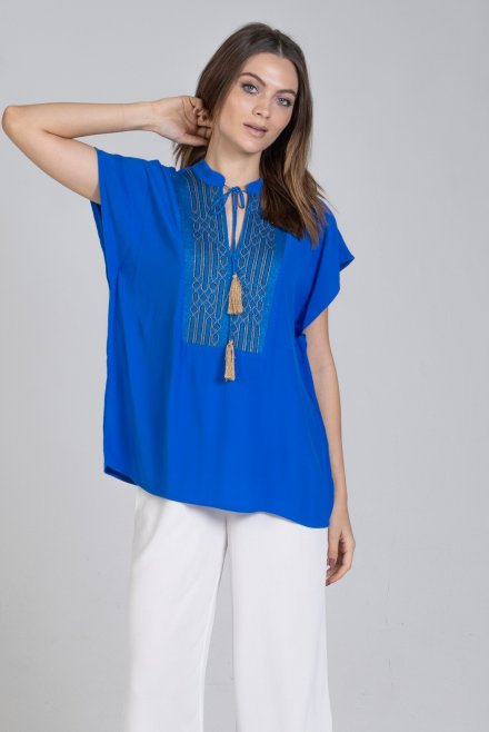 Crepe marocaine short sleeved blouse with knitted details royal blue