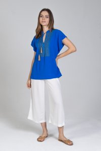 Crepe marocaine short sleeved blouse with knitted details royal blue