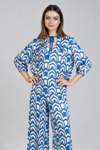 Satin printed blouse with knitted details blue-ivory-gold