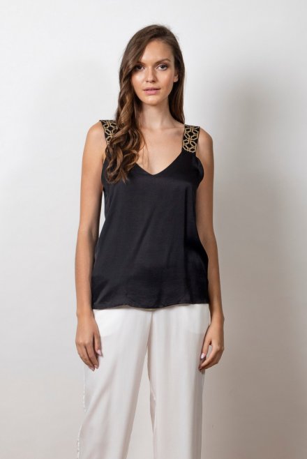 Satin tank top with knitted details black