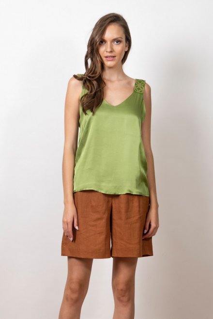 Satin tank top with knitted details bright green