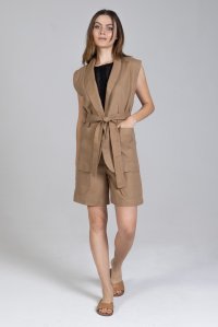 Linen sleevless gilet with knitted details sand