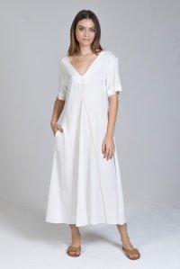 Τένσελ μίντι φόρεμα με v-λαιμό και πλεκτές λεπτομέριες white