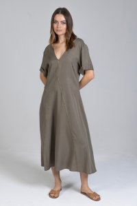 Tencel v-neck midi dress with knitted details khaki