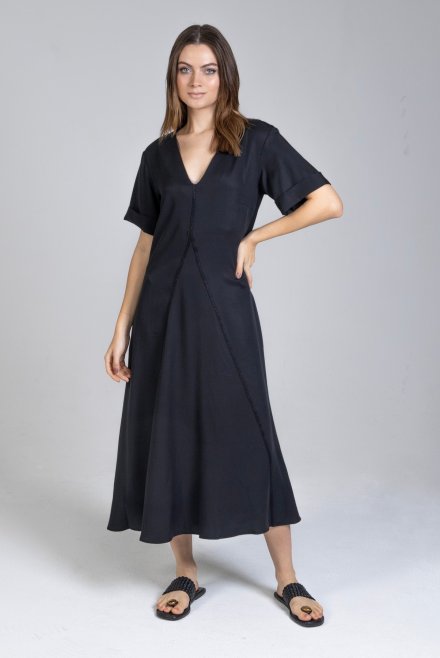 Tencel v-neck midi dress with knitted details black