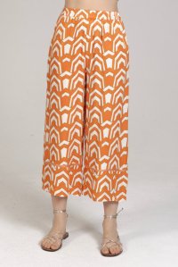Satin printed cropped pants with knitted details orange-ivory-gold