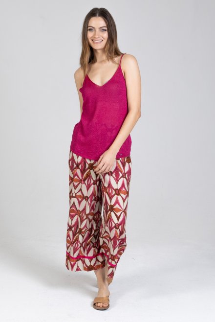 Viscose printed ankle length pants with knitted details multicolored fuchsia