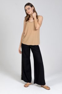 Linen blend wide leg pants with knitted details black