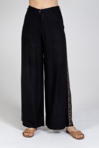 Linen blend wide leg pants with knitted details black